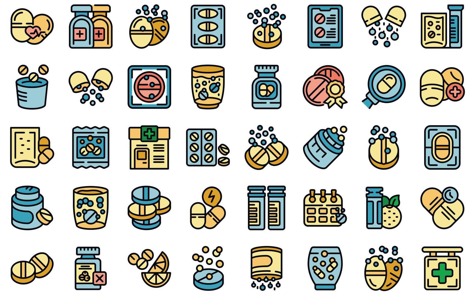 bubblande tabletter ikoner uppsättning vektor platt