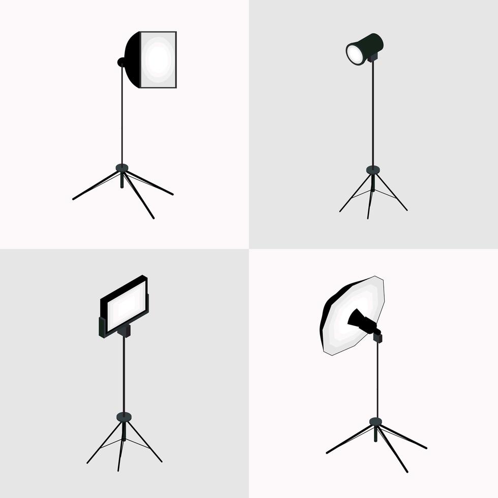 Vektor Fotograf Studio Beleuchtung Ausrüstung Icon Set. Scheinwerfer und Lampe, Blitz und professionelle Technologie fotografisch. Designelemente für professionelles Fotostudiozubehör im flachen Stil.