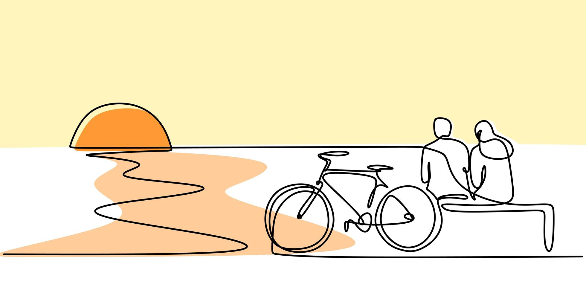 en linje ritning av par sitter på stranden med cykel. vektor