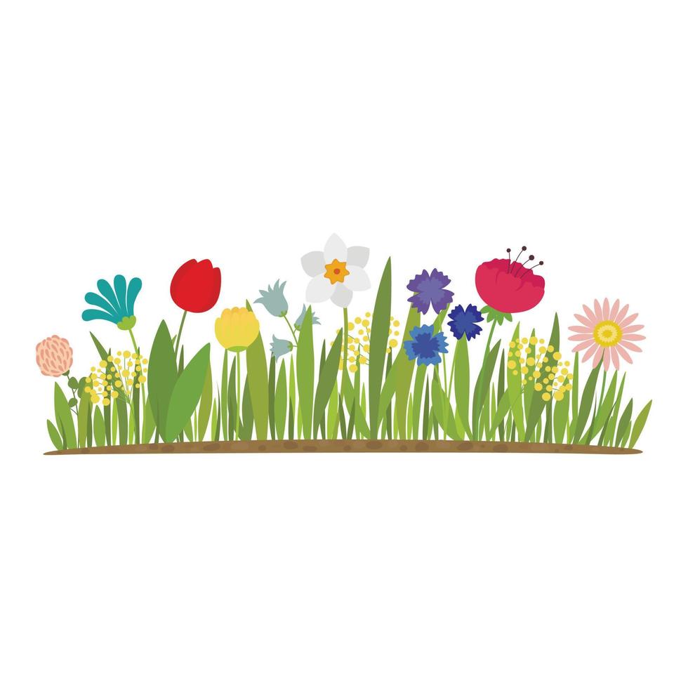 Frühlingsblumen wachsen im Garten. Tulpen, Narzissen und andere Blumen vektor