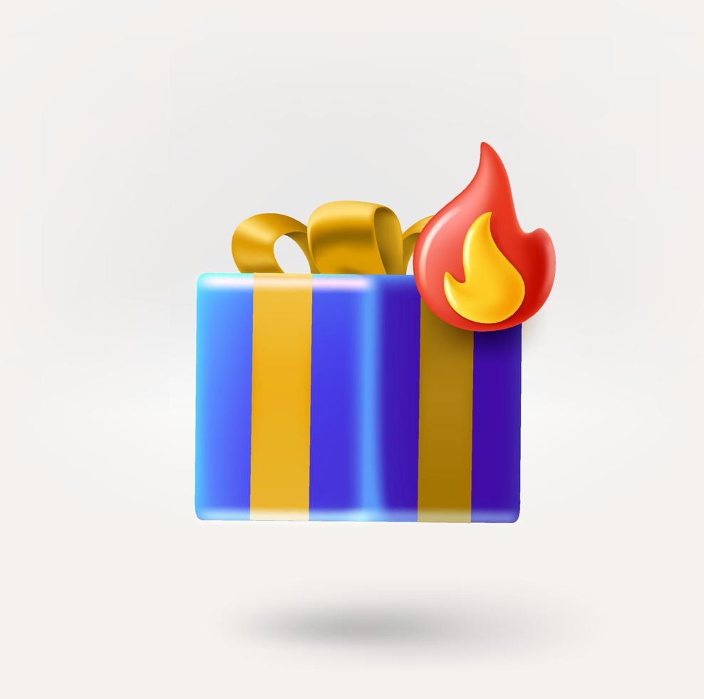Geschenkbox-Symbol mit Lagerfeuer. 3D-Vektorsymbol isoliert auf weißem Hintergrund vektor