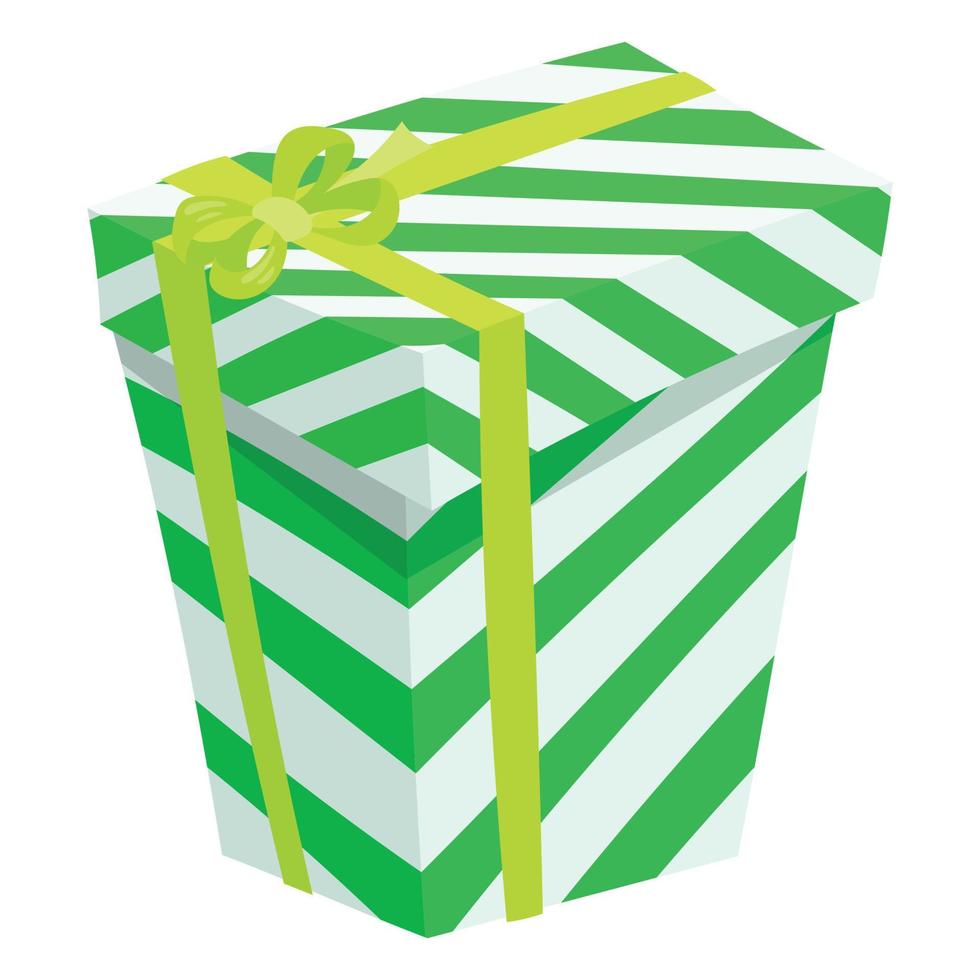 verzierte gestreifte grüne geschenkbox mit einer schleife. vektor isolierte karikaturillustration.