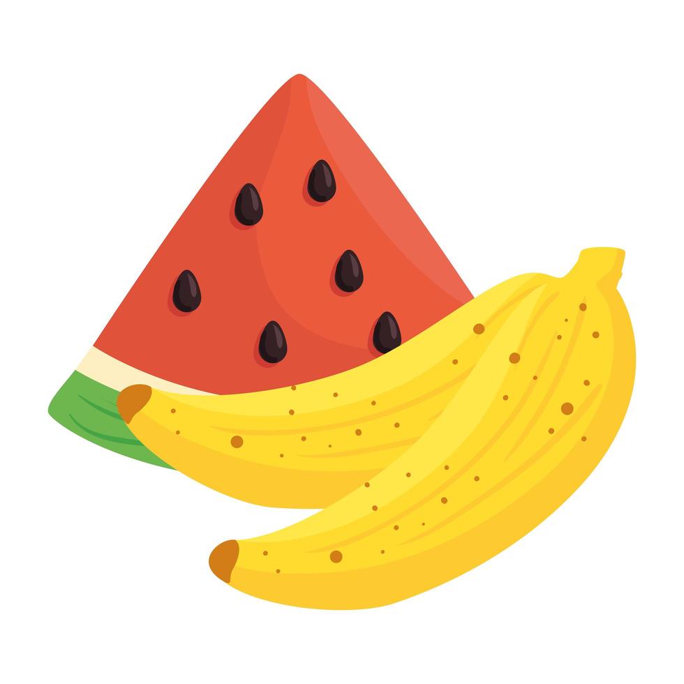 frische Früchte, Banane mit Wassermelone, im weißen Hintergrund vektor