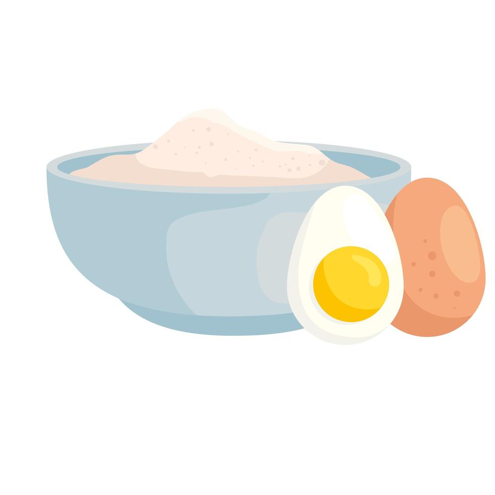 Schüssel Mehl mit Eiern, vegane Proteinquelle vektor