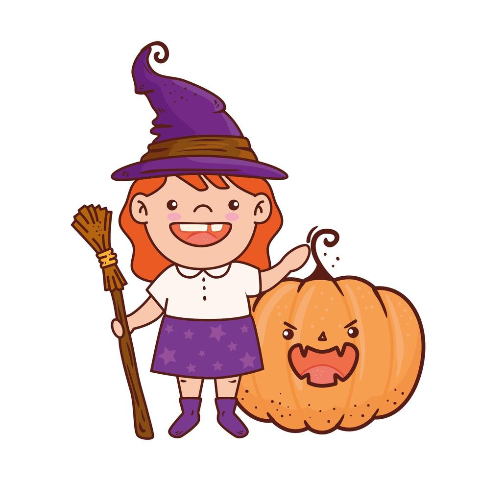 Mädchen von Hexe und Kürbis für glückliche Halloween-Feier verkleidet vektor