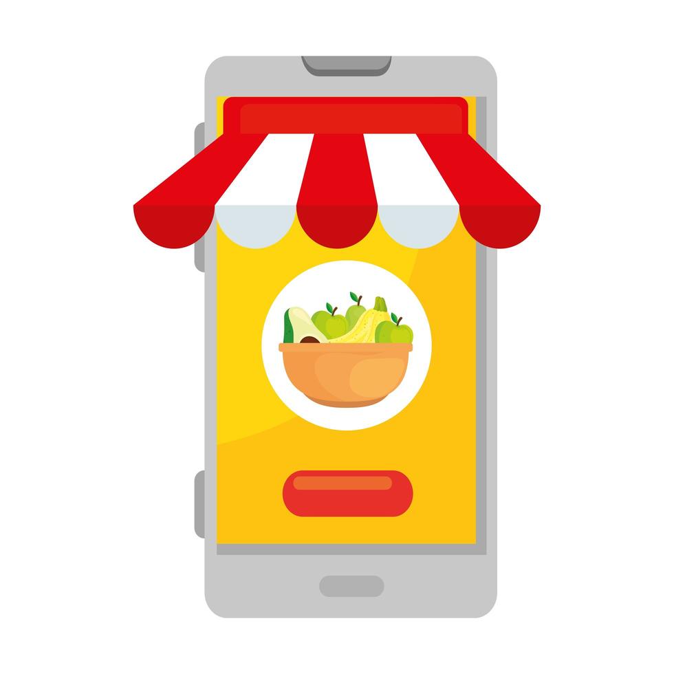 färsk frukt på skål, i smartphone, app för köp vektor