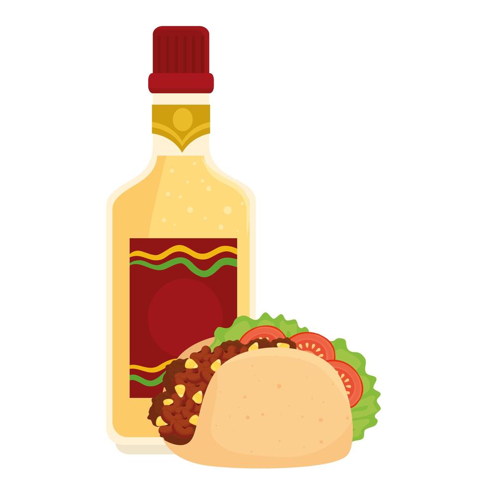 Taco Mexikaner mit Flasche Tequila im weißen Hintergrund vektor