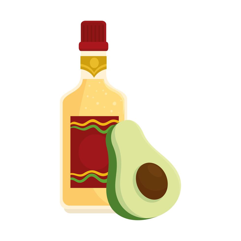 Flasche Tequila mit Avocado auf weißem Hintergrund vektor