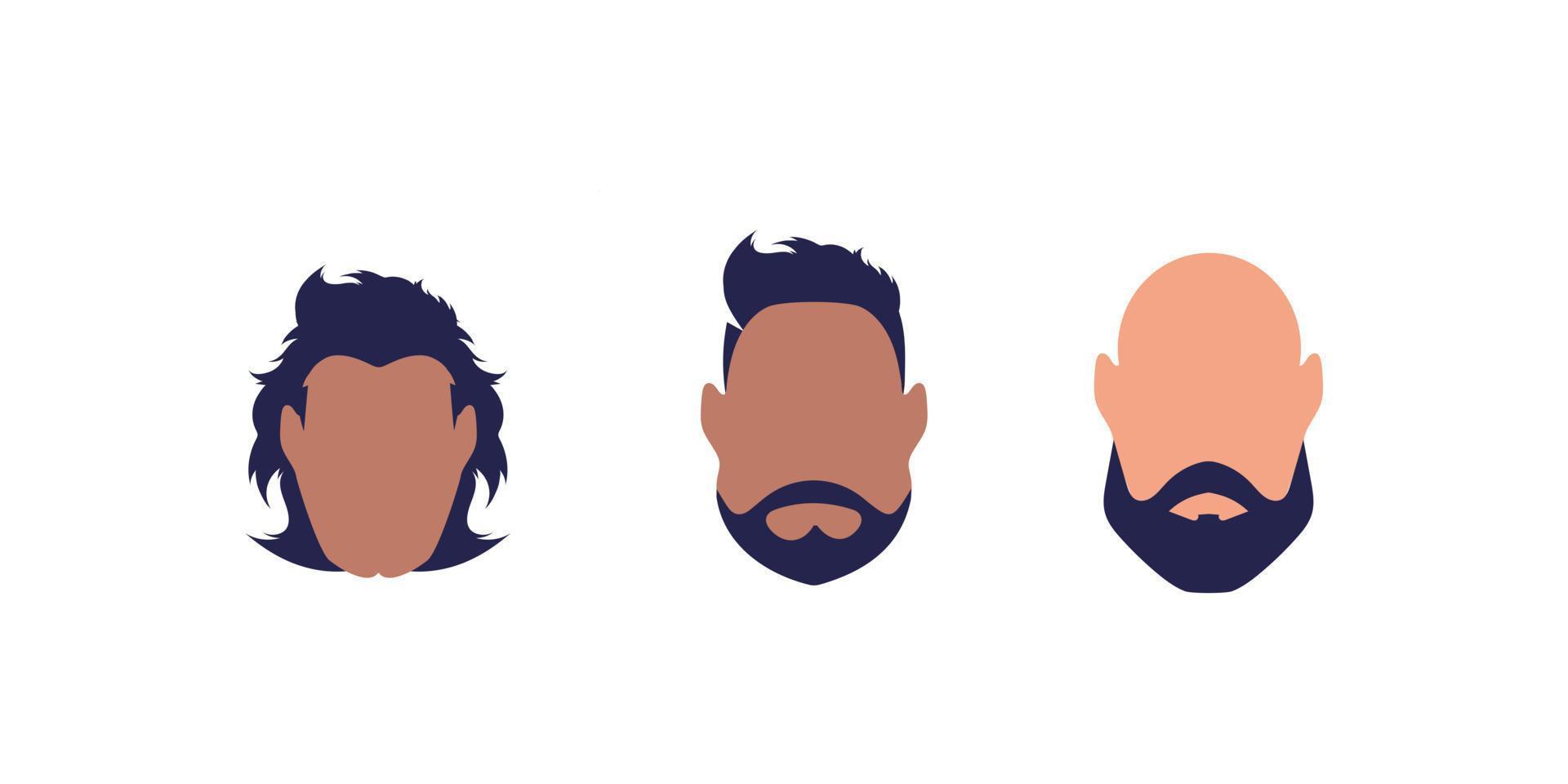 en uppsättning av tre ansikten av män av annorlunda typer och nationaliteter. isolerat. tecknad serie stil. vektor