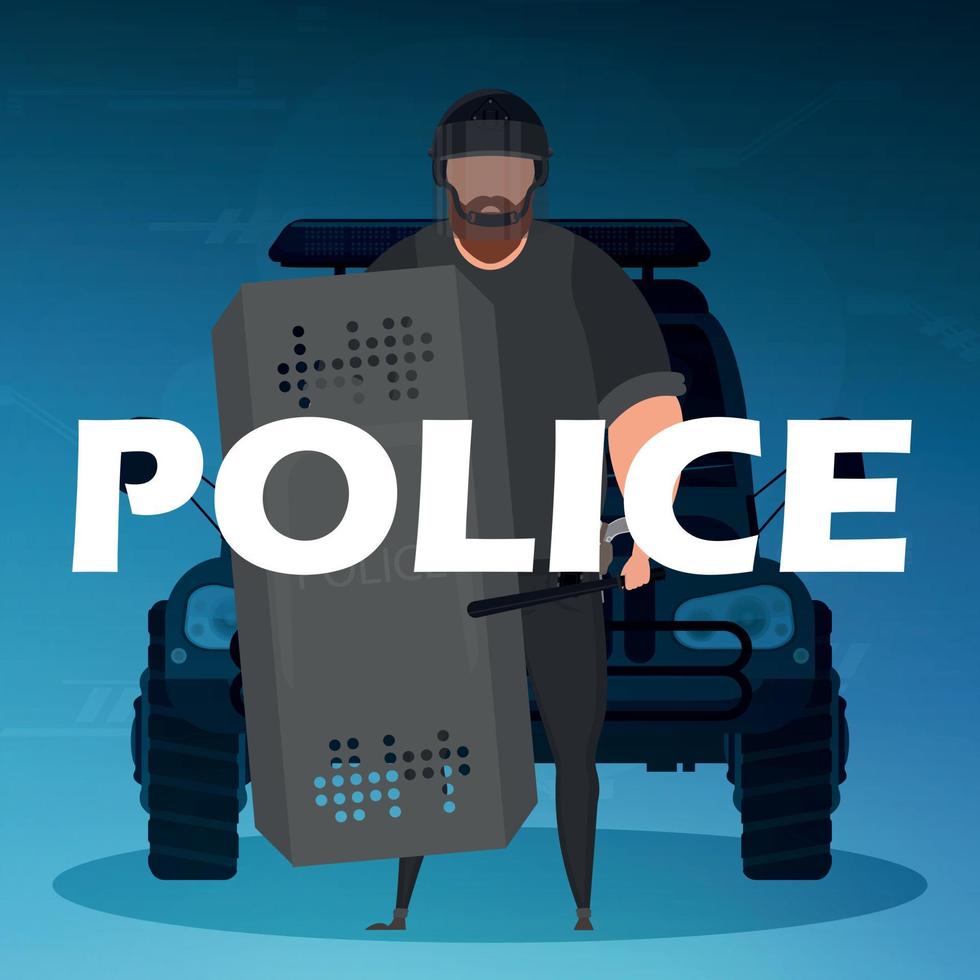 ein Polizist in einer kugelsicheren Weste vor einem Dienstwagen. quadratisches Banner. Cartoon-Stil. vektor