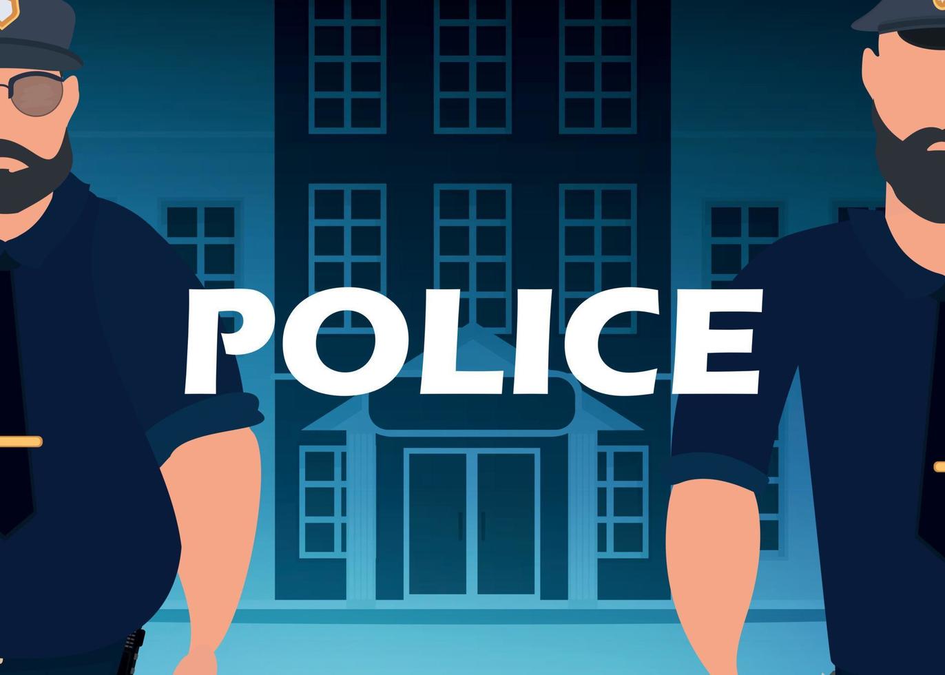 ein Polizist in einer kugelsicheren Weste vor einer Polizeiwache. quadratisches Banner. Cartoon-Stil. vektor