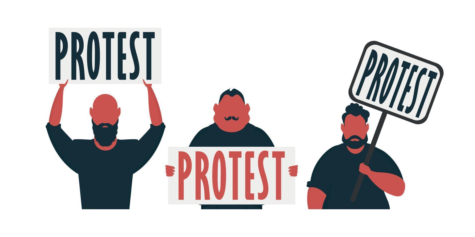 grupp av män med protest baner isolerat på vit bakgrund. tecknad serie stil. vektor illustration.