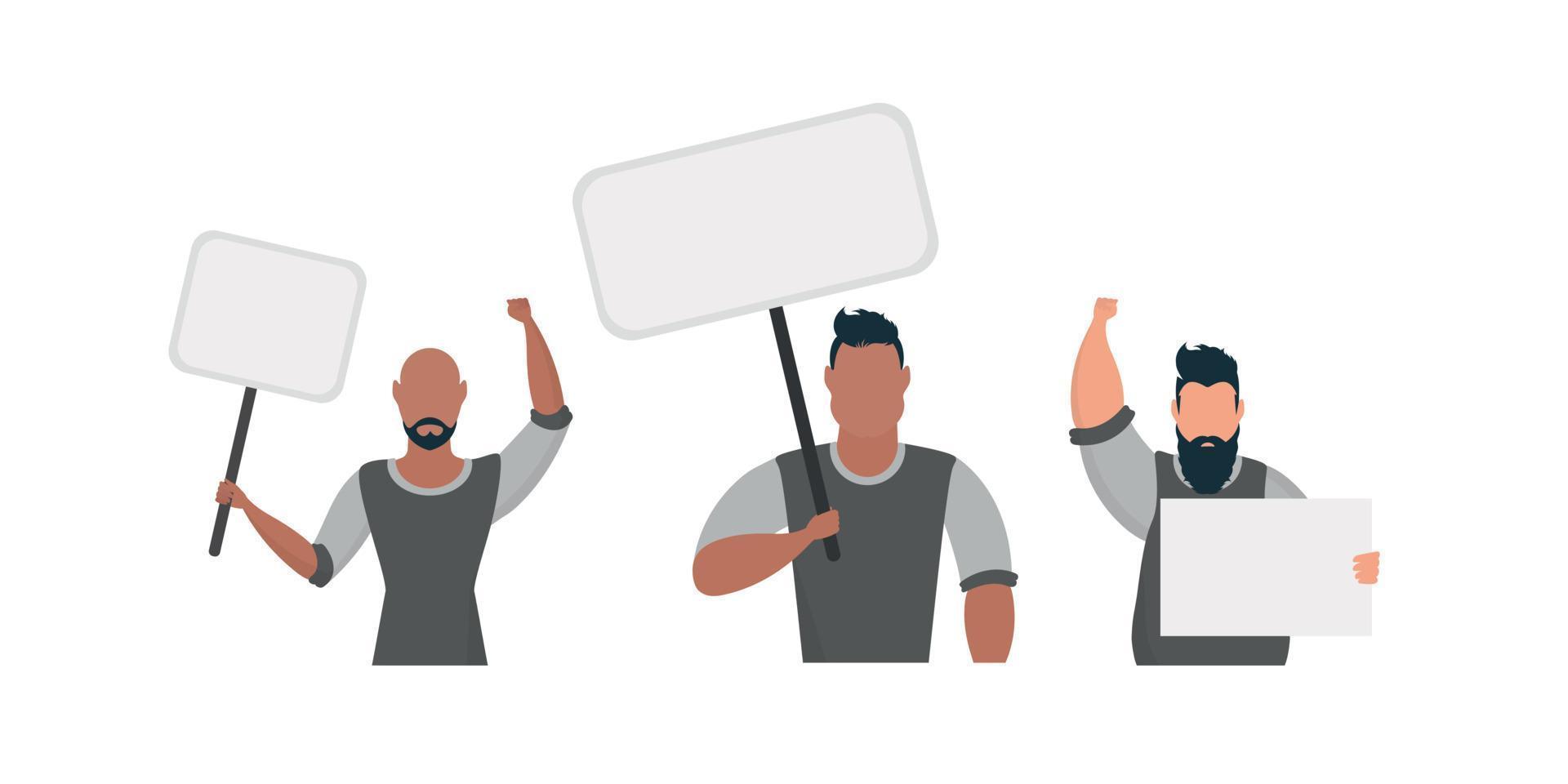 ein Typ mit einem leeren Banner in seinen Händen. mit Platz für Ihren Text. Rallye- oder Protestkonzept. Vektor-Illustration. vektor