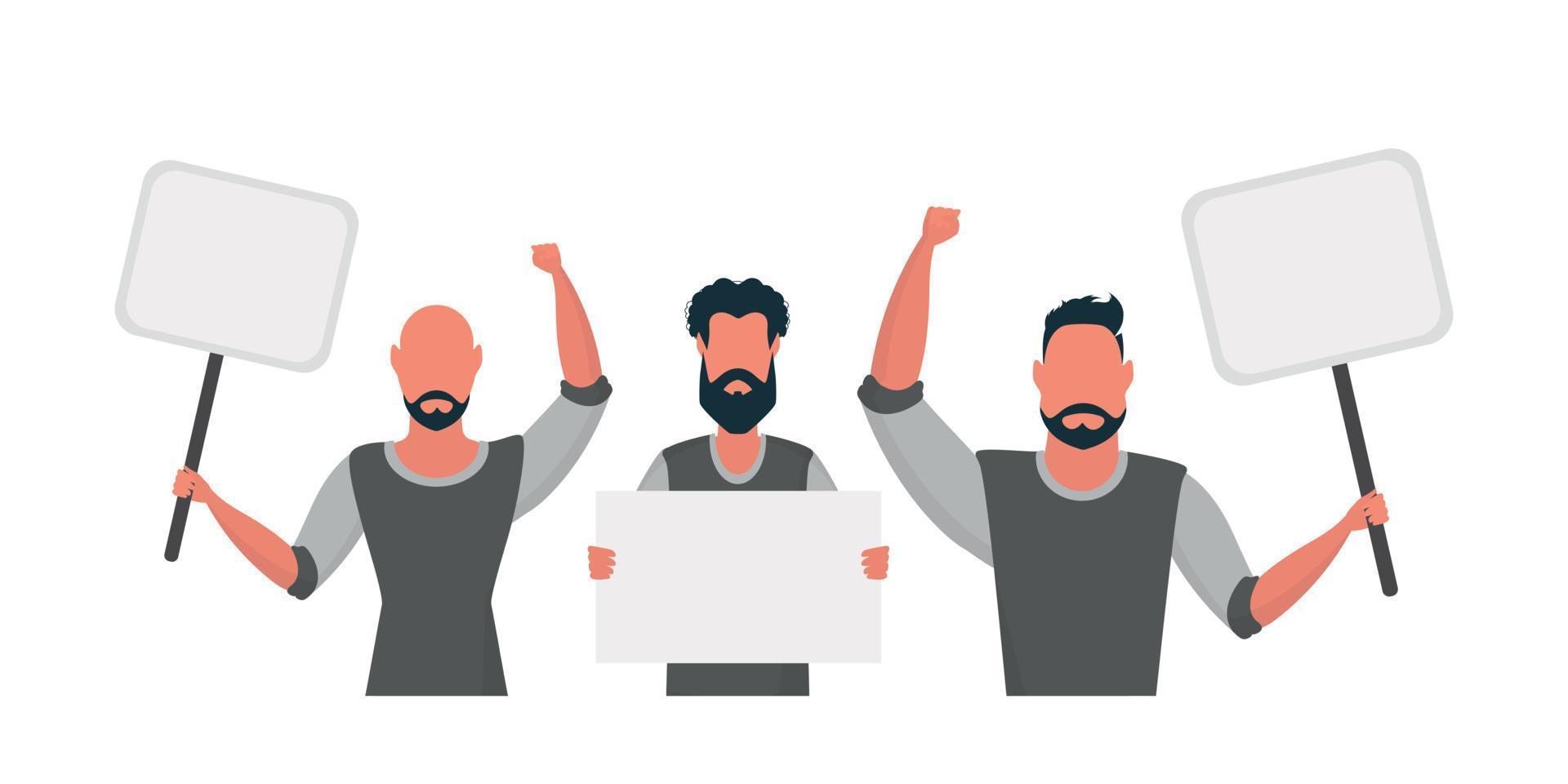 en grupp av män med ett tömma baner i deras händer. med Plats för din text. samling eller protest begrepp. vektor illustration.