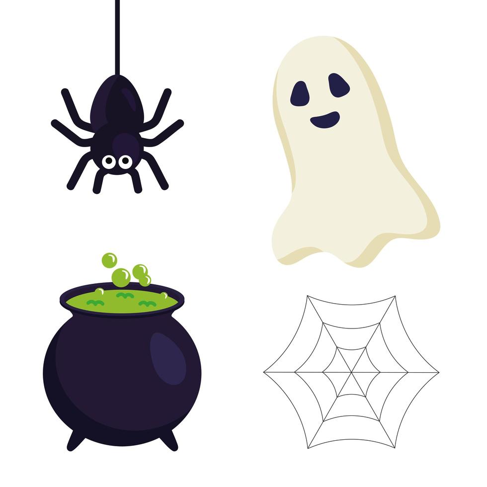 halloween spindel spöke häxskål och spindelnät vektor design
