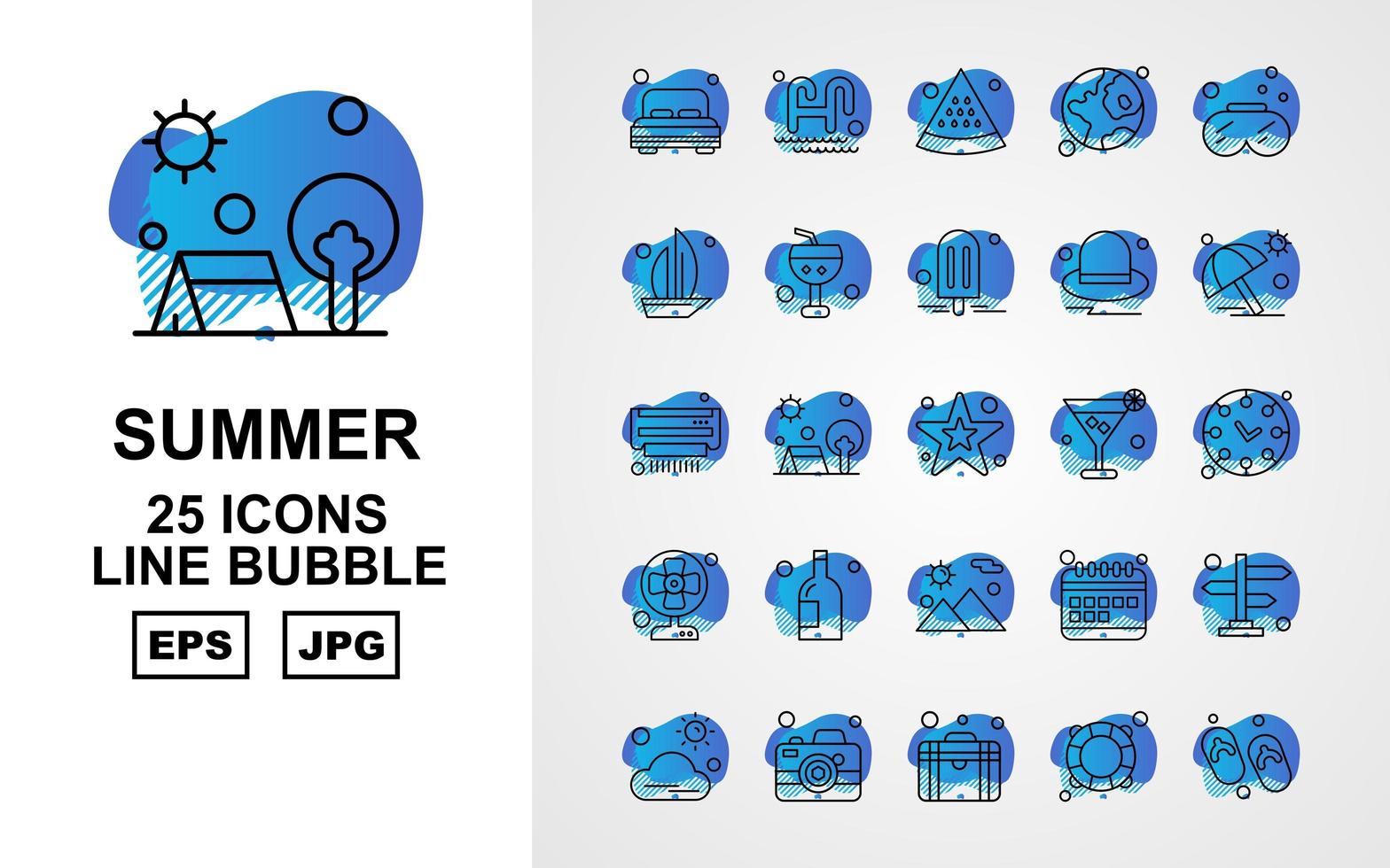 25 premium sommaren ii linje bubbla ikonpaket vektor