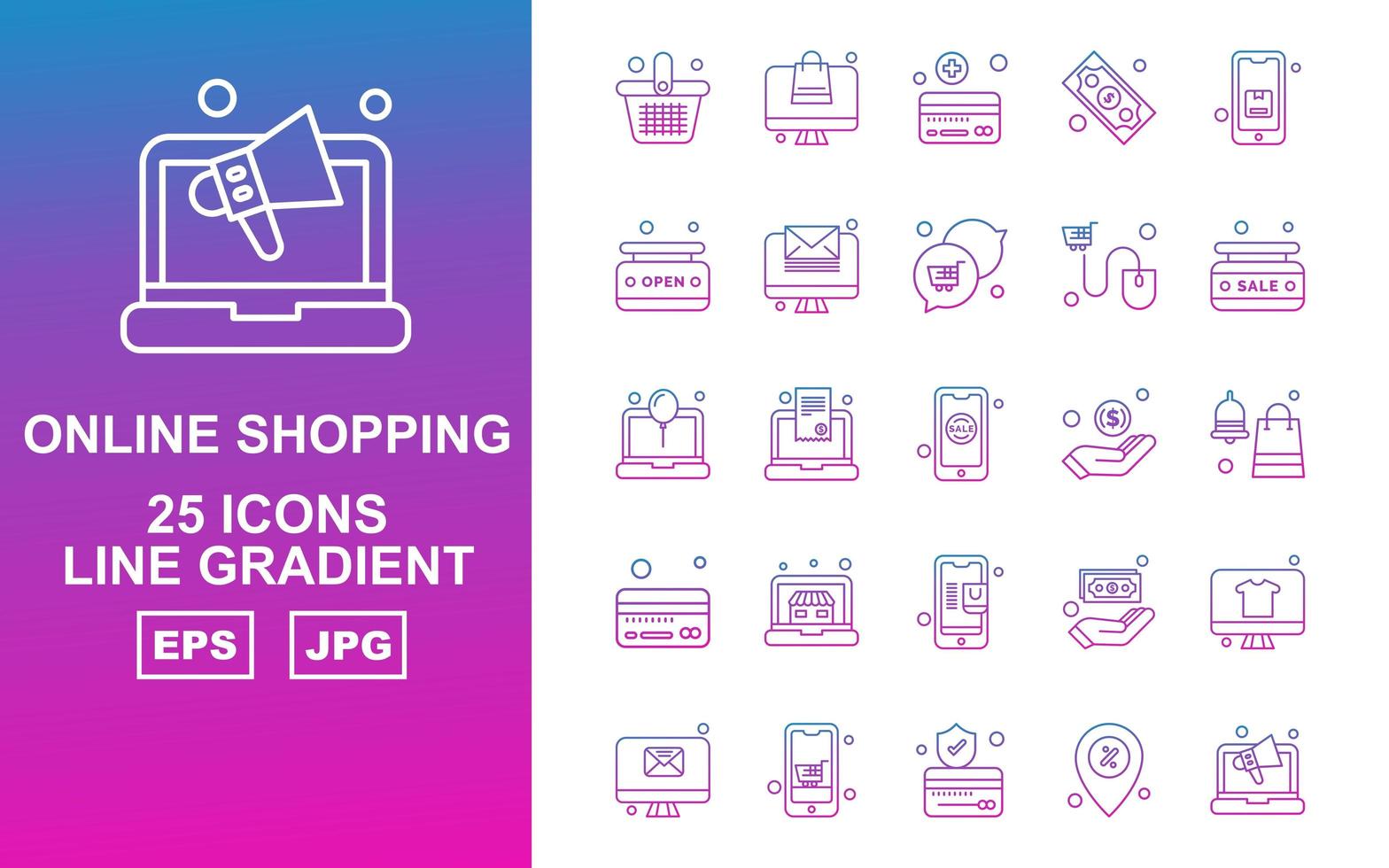 25 Premium Online Shopping Line Farbverlauf Icon Pack vektor