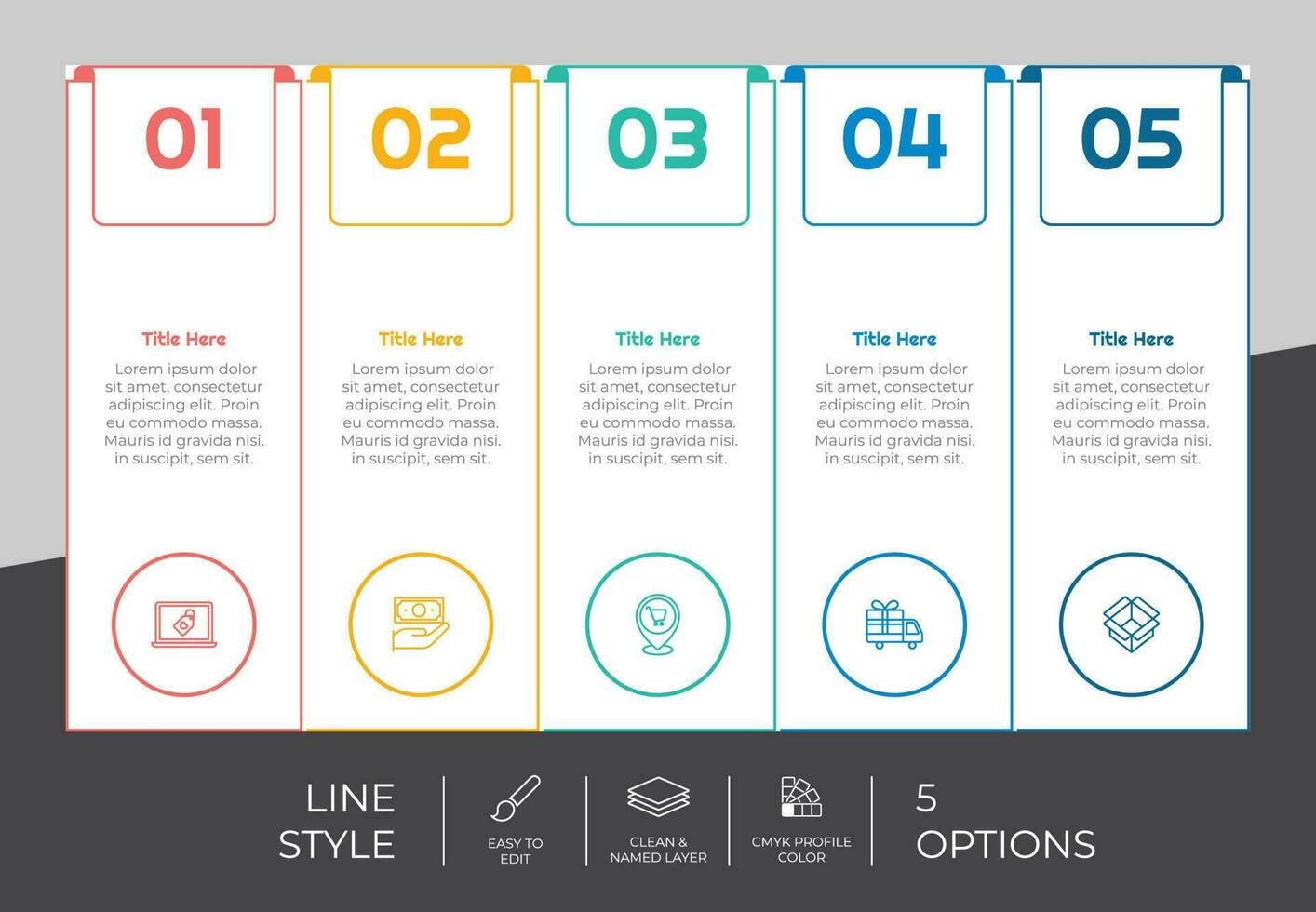 Quadratische Option Infografik-Vektordesign mit 5 Schritten farbenfrohen Stil für Präsentationszwecke. Linienschritt-Infografik kann für Unternehmen und Marketing verwendet werden vektor