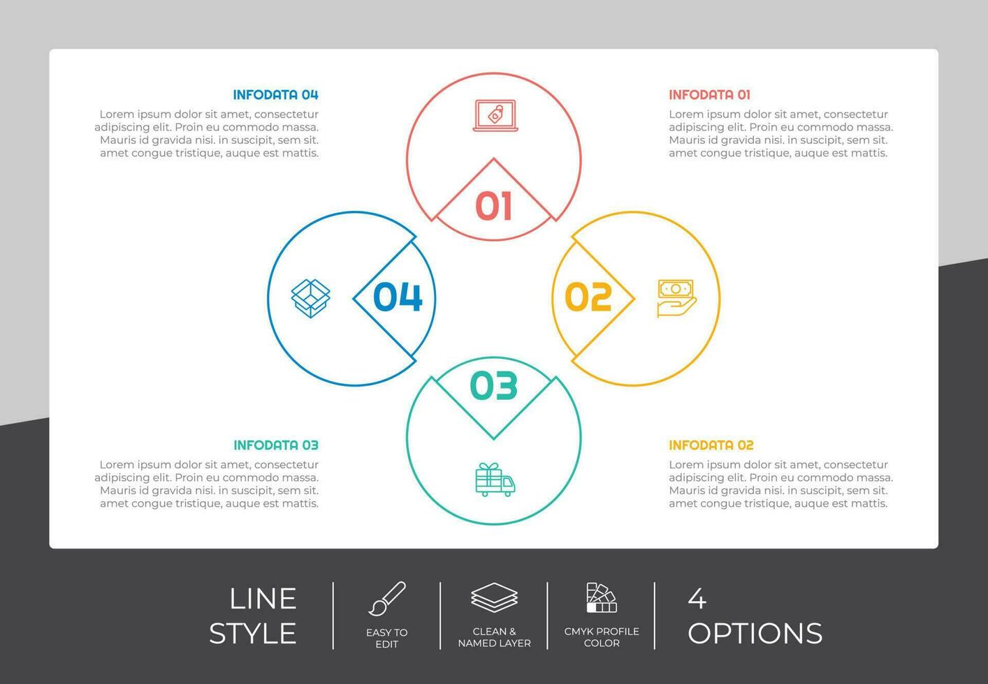 cirkel alternativ infographic vektor design med 4 alternativ färgrik stil för presentation syfte.linje alternativ infographic kan vara Begagnade för företag och marknadsföring