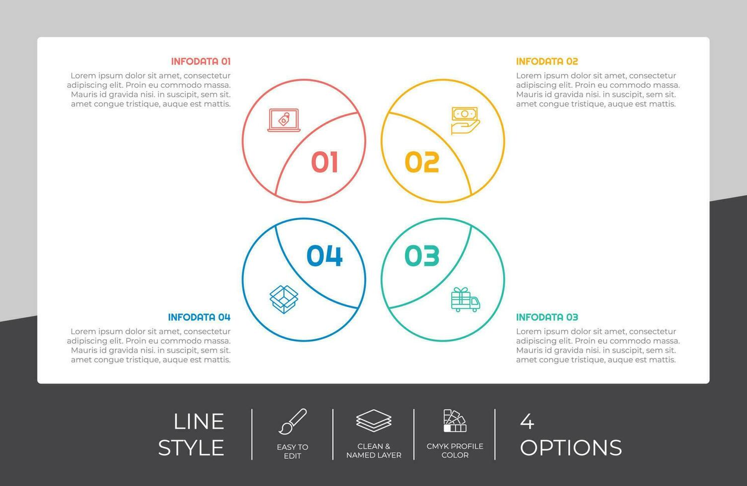 cirkel alternativ infographic vektor design med 4 alternativ färgrik stil för presentation syfte.linje alternativ infographic kan vara Begagnade för företag och marknadsföring