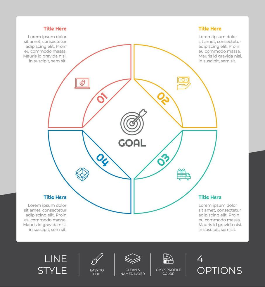 kreisoption infografik vektordesign mit 4 optionen farbenfrohen stil für präsentationszwecke. linienoption infografik kann für geschäft und marketing verwendet werden vektor