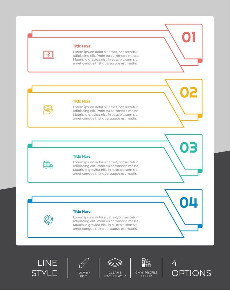 presentation företag alternativ infographic med linje stil och färgrik begrepp. 4 steg av infographic kan vara Begagnade för företag ändamål. vektor