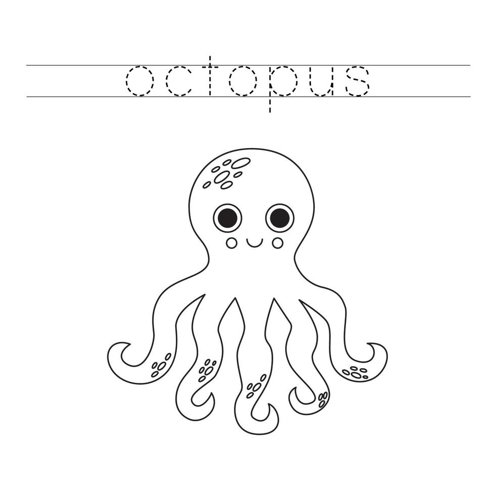 Verfolgen Sie die Buchstaben und färben Sie Cartoon-Oktopus. Handschriftübungen für Kinder. vektor