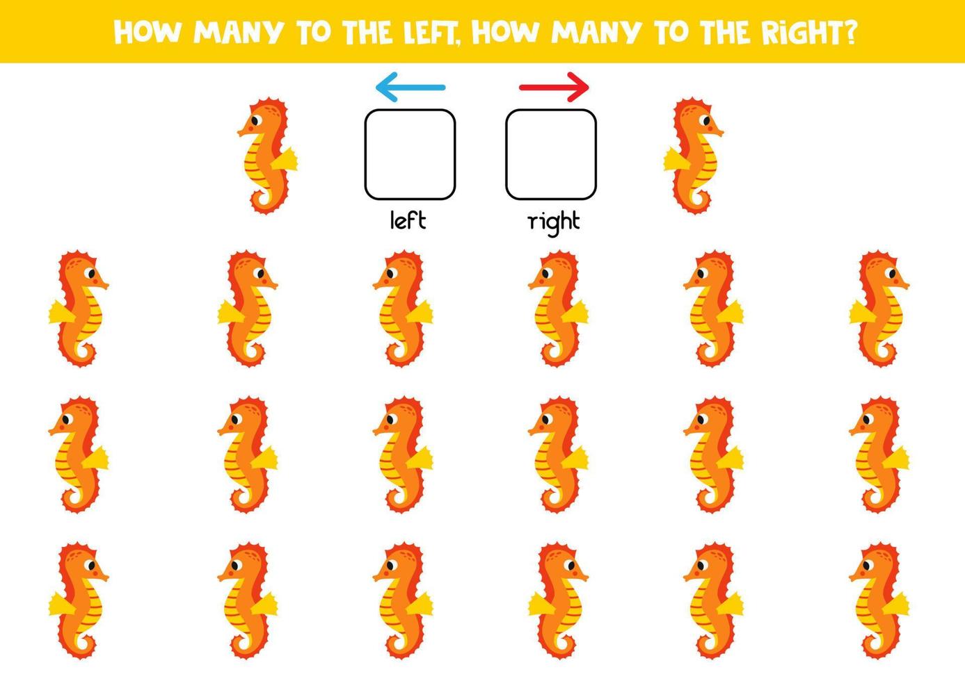 vänster eller rätt med söt sjöhäst. logisk kalkylblad för förskolebarn. vektor