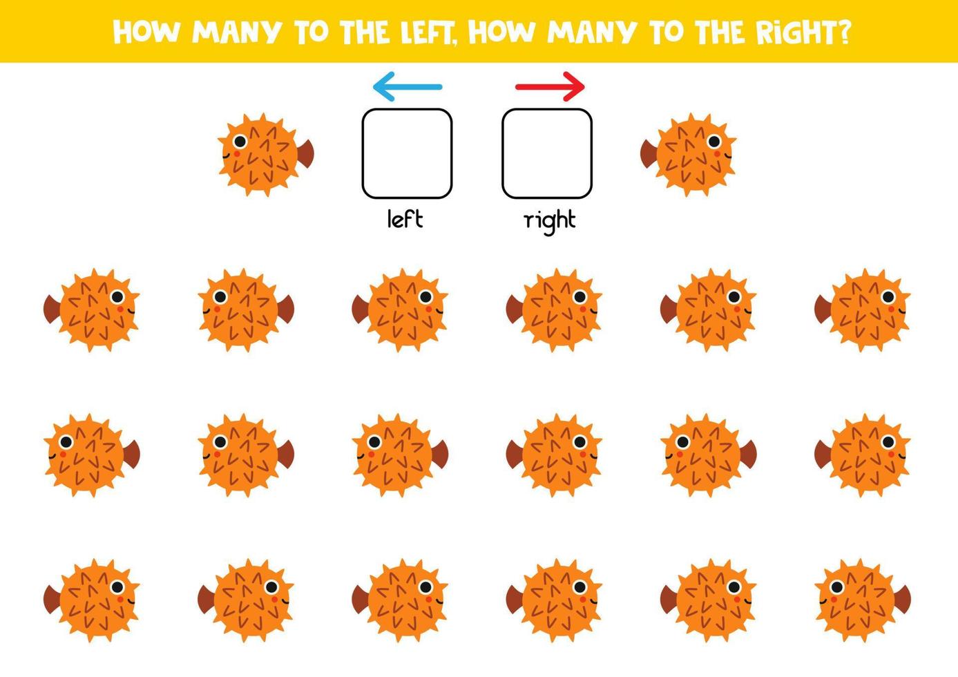 links oder rechts mit niedlichen Kugelfischen. Logisches Arbeitsblatt für Vorschulkinder. vektor