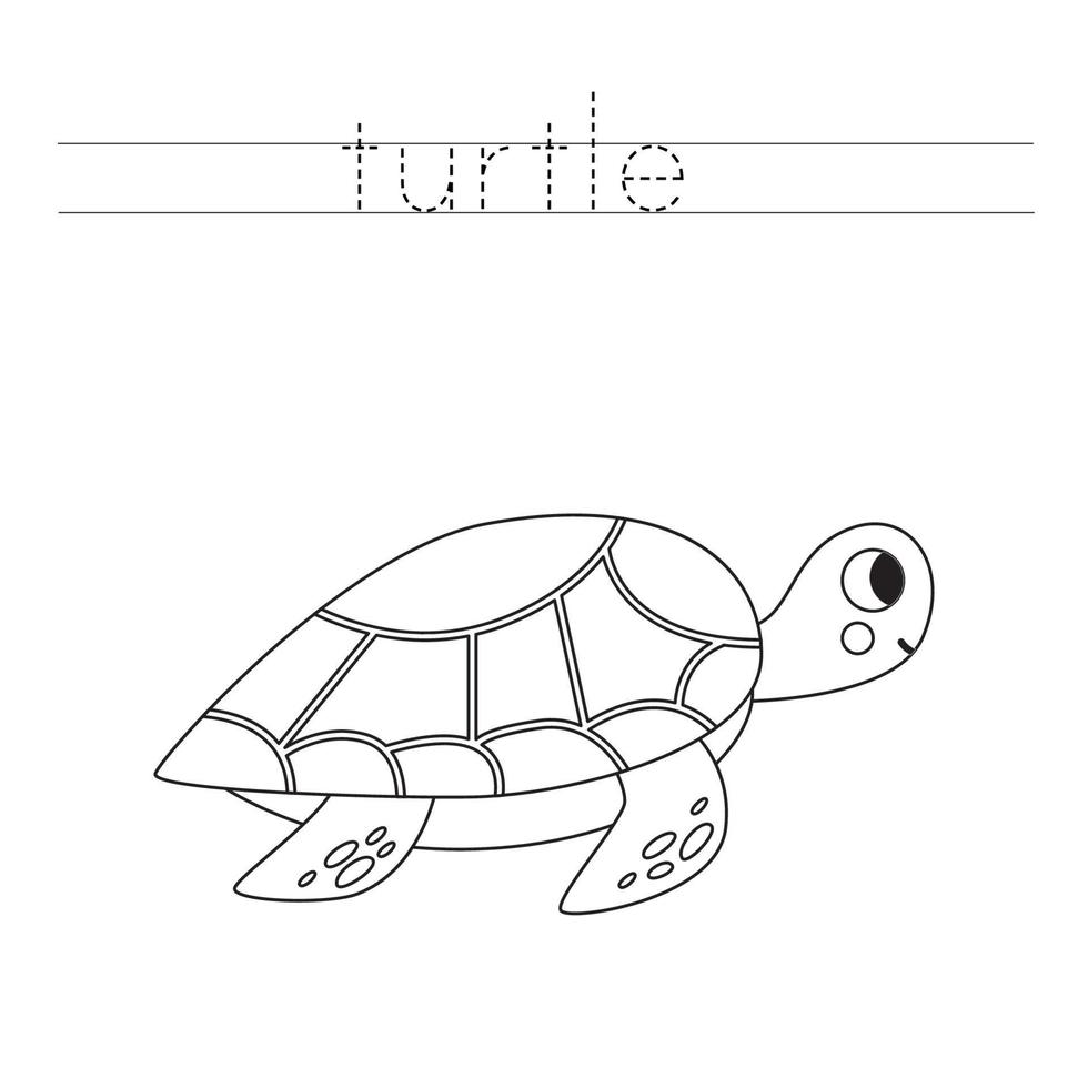 Verfolgen Sie die Buchstaben und färben Sie die Cartoon-Schildkröte. Handschriftübungen für Kinder. vektor