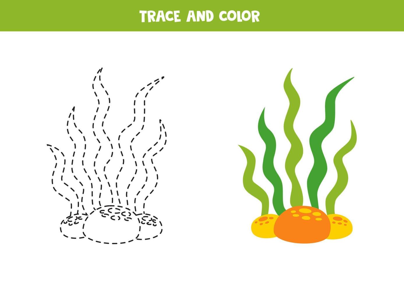 spår och Färg tecknad serie hav ogräs. kalkylblad för barn. vektor
