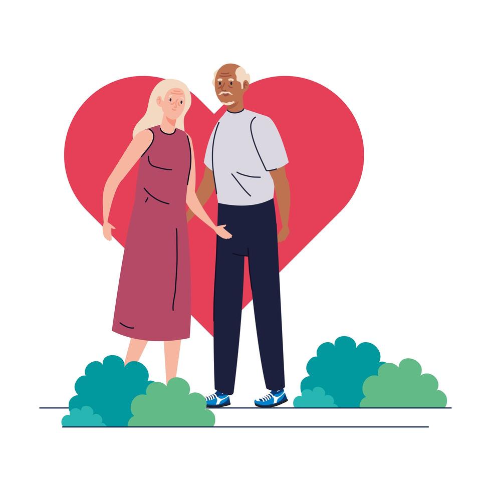 ältere Frau und Mann Cartoons vor Herz Vektor Design