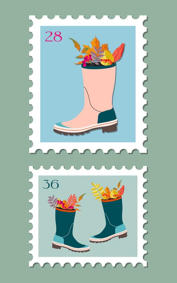 uppsättning av två posta frimärken illustrationer. mängd av modern vektor isolerat frimärken. höst årgång begrepp posta tema. falla löv i wellies ritningar för post och posta design.