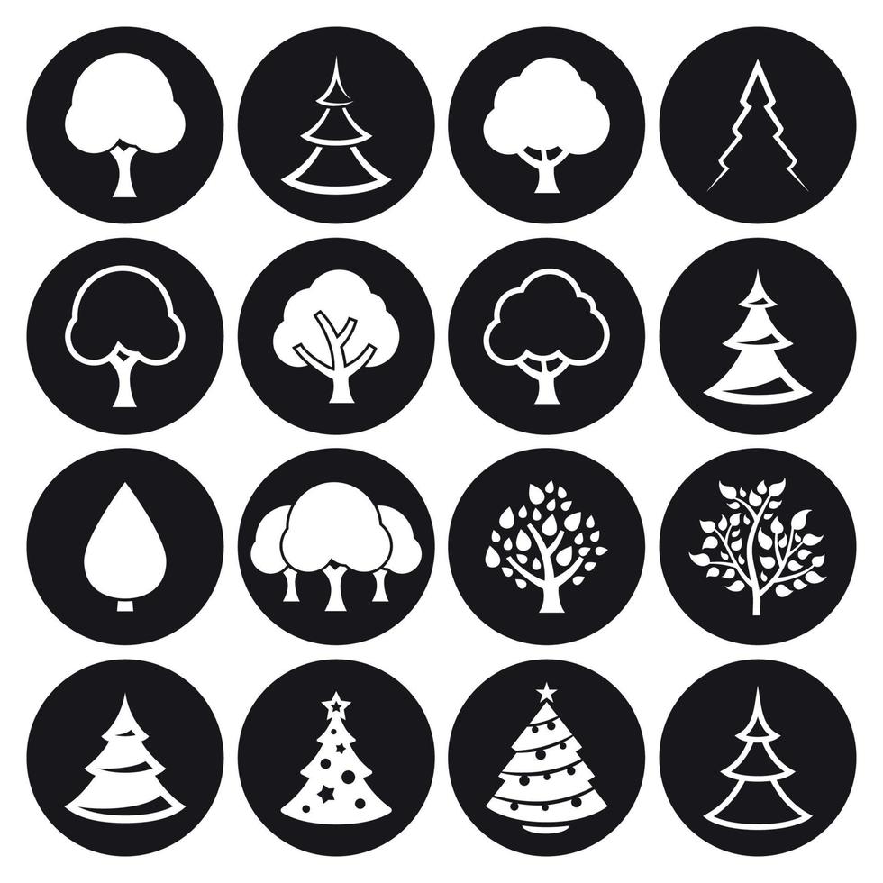 träd ikoner uppsättning. vektor symboler.. vit på en svart bakgrund