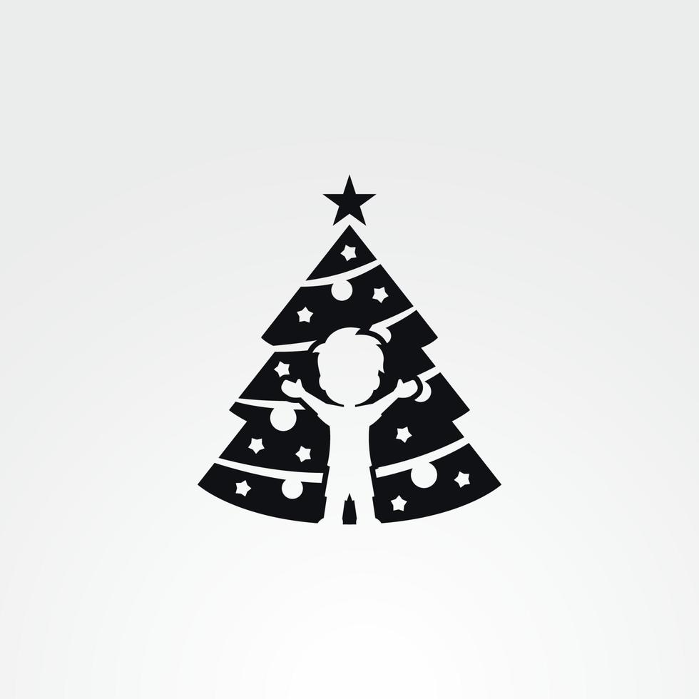 Junge mit Weihnachtsbaum-Logo, Symbol. schwarz auf weißem Grund vektor