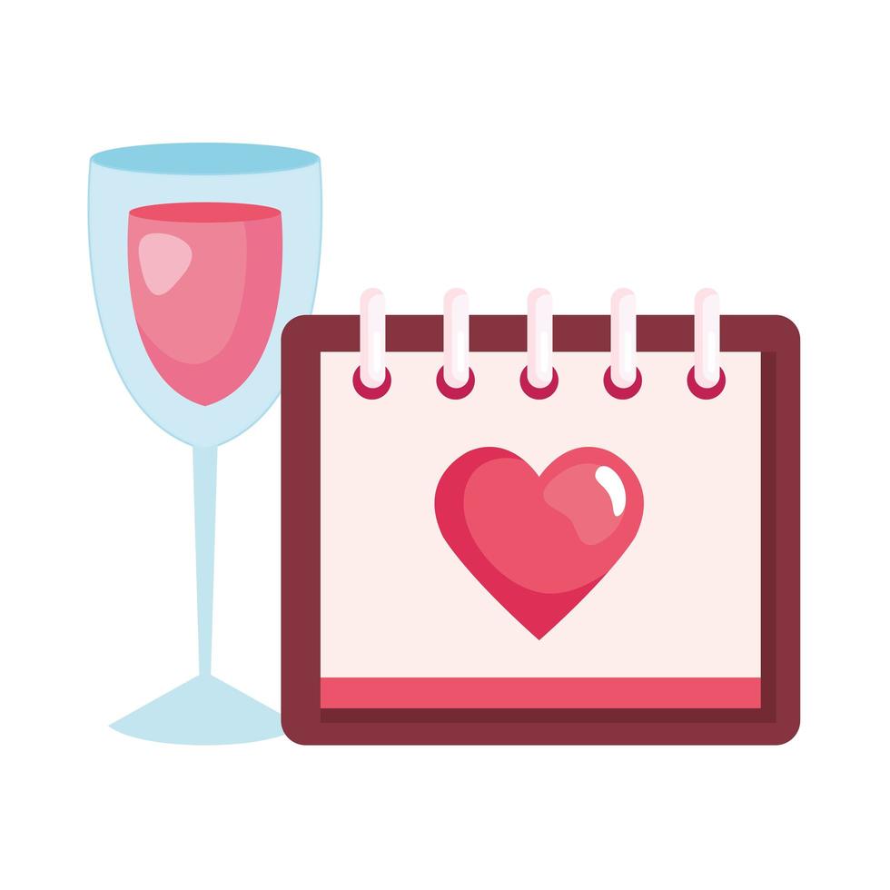 kalender med hjärta och koppglas med vin vektor