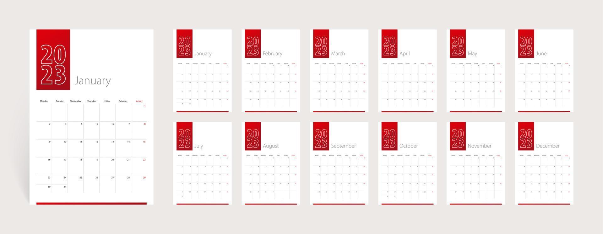 2023 kalender design, uppsättning av 12 månader. vecka börjar på måndag. vertikal kalender mall. vektor