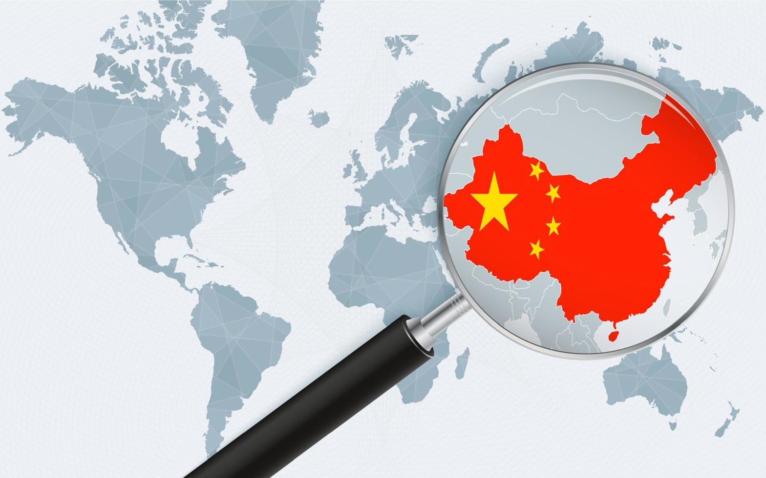 värld Karta med en förstorande glas pekande på Kina. Karta av Kina med de flagga i de slinga. vektor