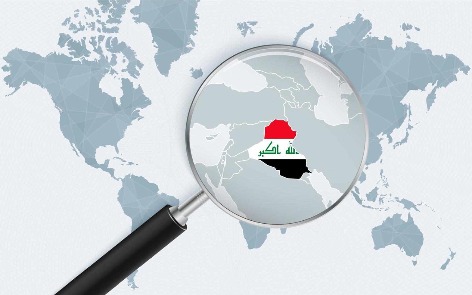 Weltkarte mit einer Lupe, die auf den Irak zeigt. Karte des Irak mit der Flagge in der Schleife. vektor
