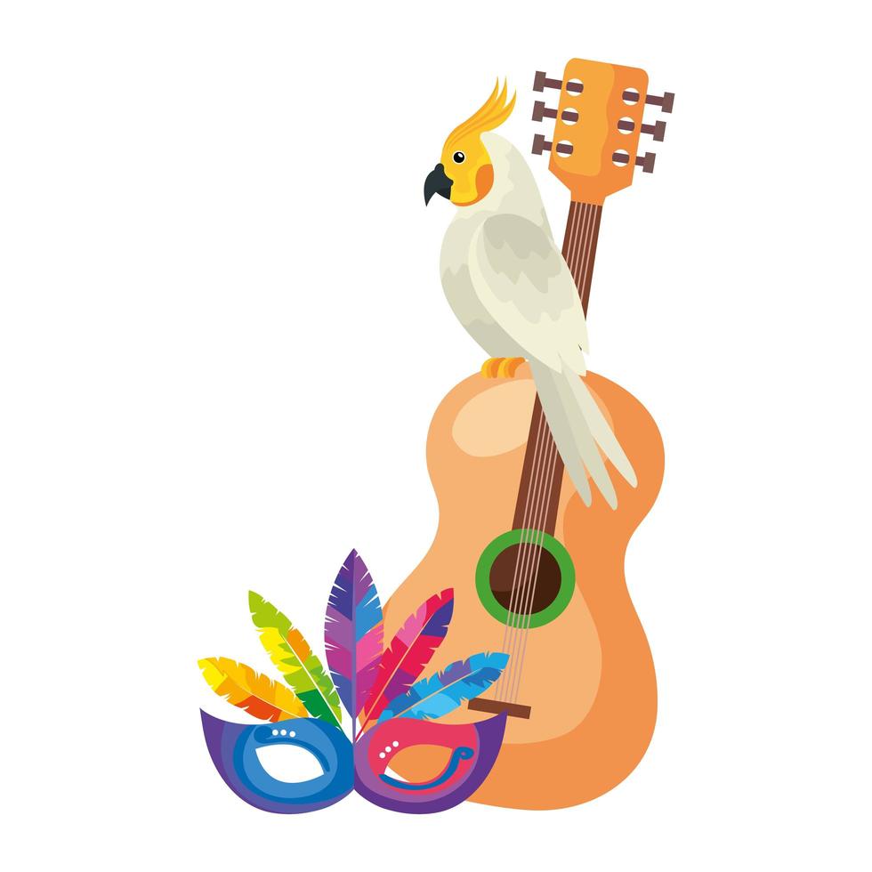 Gitarre mit Papagei und Maske Karneval isolierte Ikone vektor