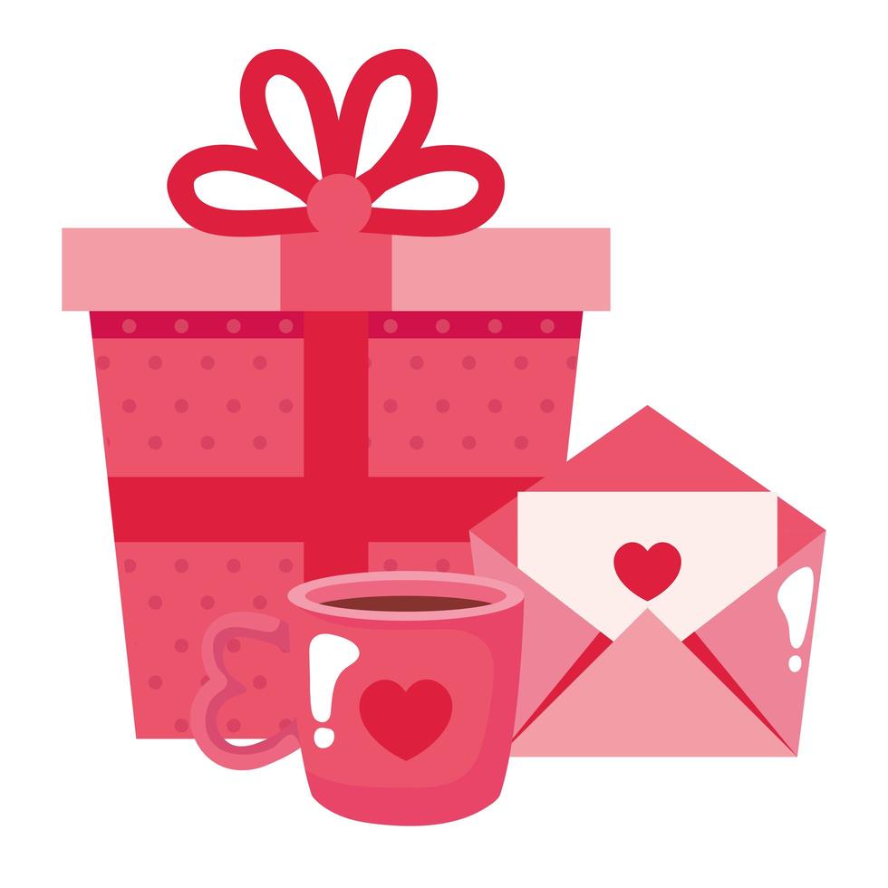 Geschenkbox mit Tasse Kaffee und Umschlag vektor
