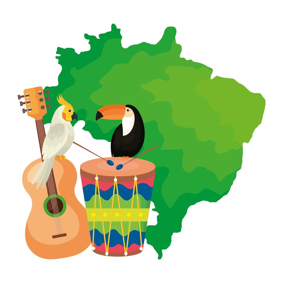 Karte von Brasilien mit Papageien und Ikonen Traditionals vektor