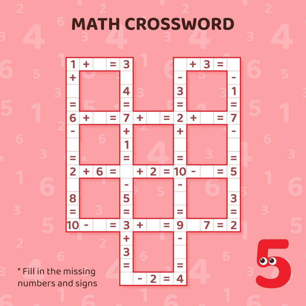 matematik korsord pussel för ungar. tillägg och subtraktion. räkning upp till 10. vektor illustration