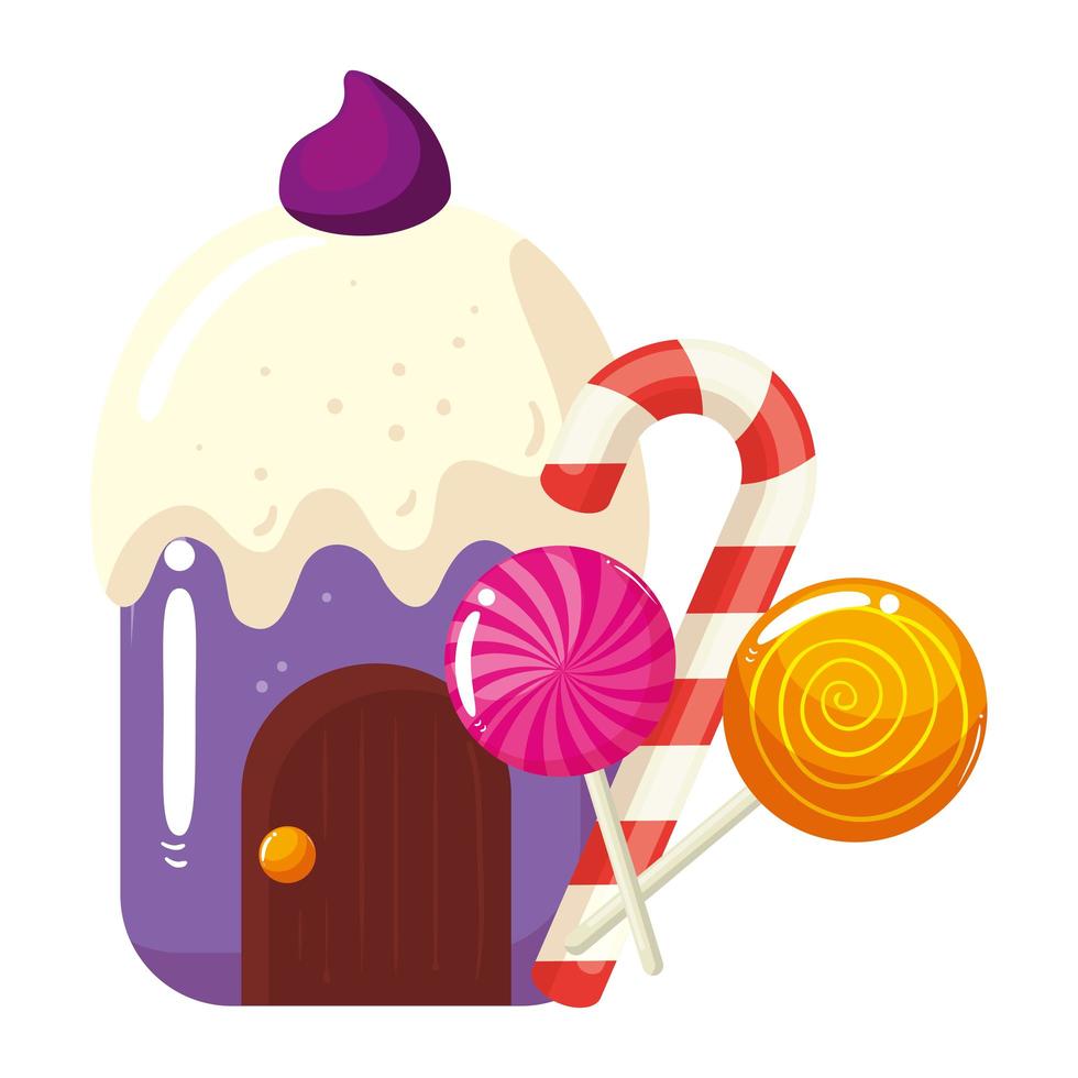 Cupcake-Haus lecker mit Lutschern und Süßigkeiten in Zuckerrohr vektor