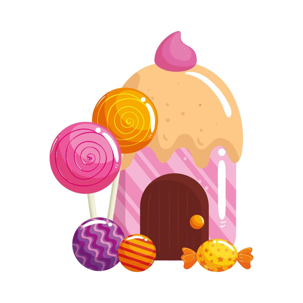 Cupcake-Haus köstlich mit Süßigkeiten isolierte Ikone vektor
