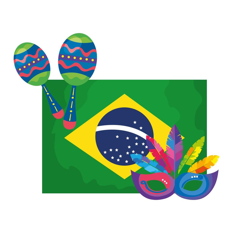 flagga Brasilien med mask karneval och maracas vektor