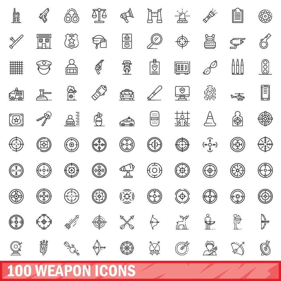 100 Waffensymbole gesetzt, Umrissstil vektor