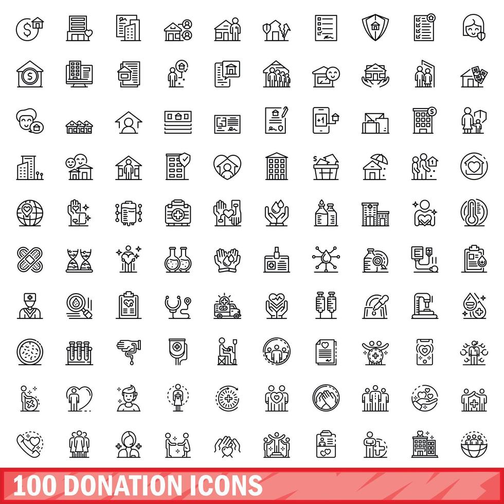 100 donationsikoner set, konturstil vektor