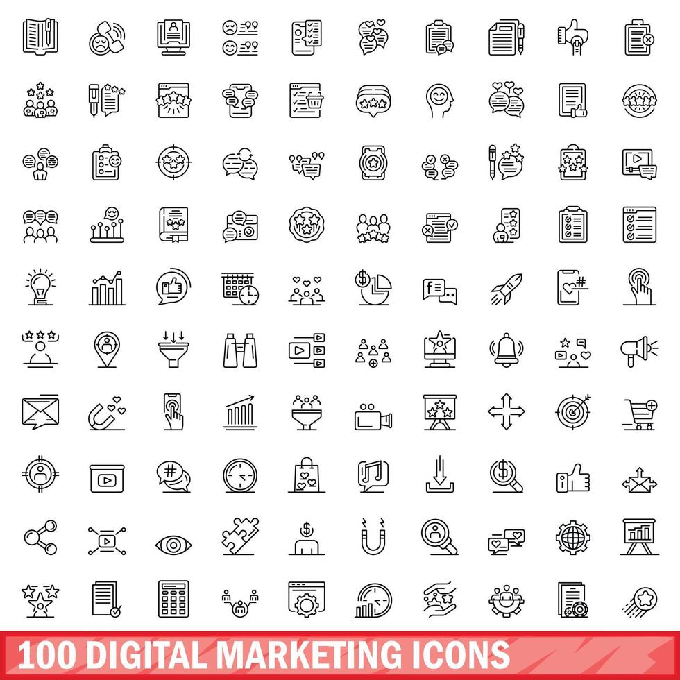100 digital marknadsföring ikoner uppsättning, översikt stil vektor