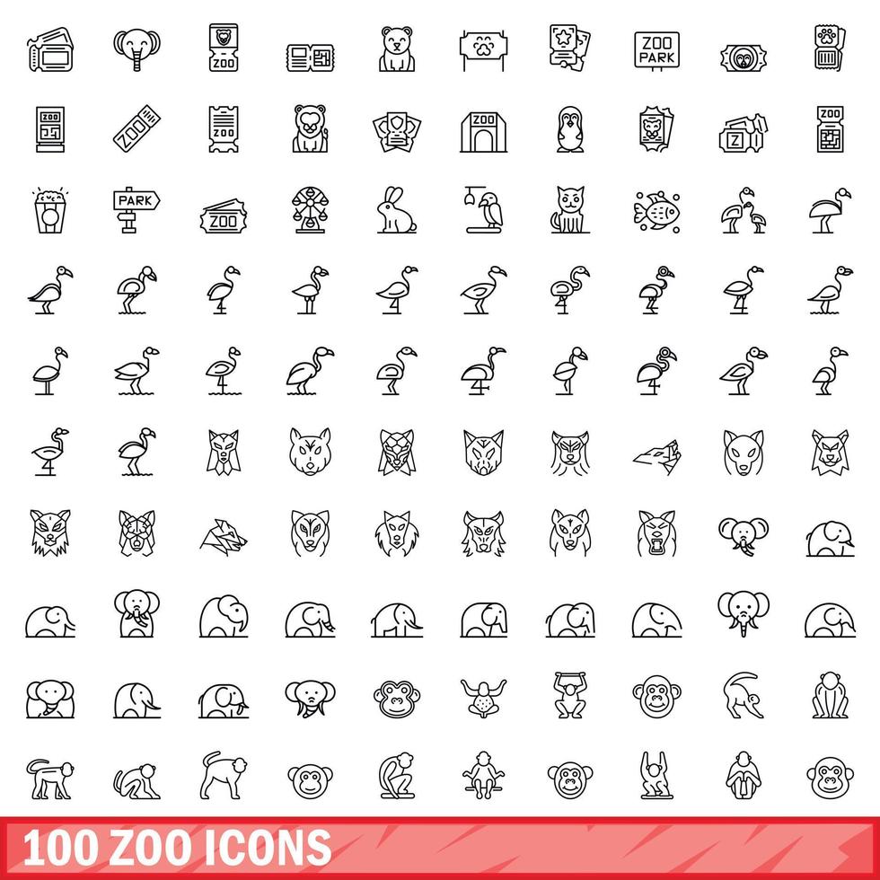 100 Zoo-Icons gesetzt, Umrissstil vektor